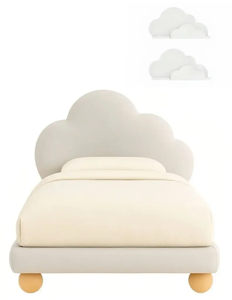 Cama COZY CLOUD, Cama de diseño para bebes y niños incluye Cabecera de nube + Base de cama + Somier de Alta Resistencia + Repisas