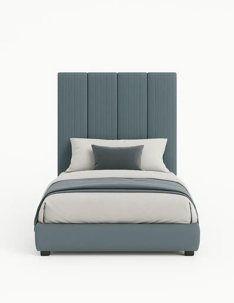 Cama MODERN LUXURY Vixy con tela acanalada sueve, Cabecera con patrones de 120 cm altura y 30 cm ancho, con tapicería de Calidad Superior + Base de cama Reforzado con angulos de Acero + Somier de Alta Resistencia + Luz LED ambiental con control remoto