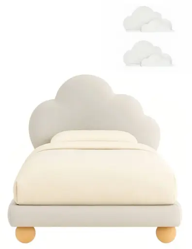 Cama COZY CLOUD, Cama de diseño para bebes y niños incluye Cabecera de nube + Base de cama + Somier de Alta Resistencia + Repisas
